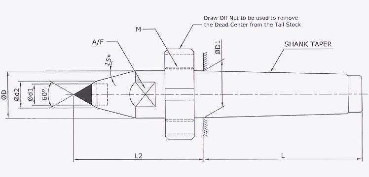 CNC Dead Center Carbide Tip (With Draw Off Nut) - Stub - Line Diagram